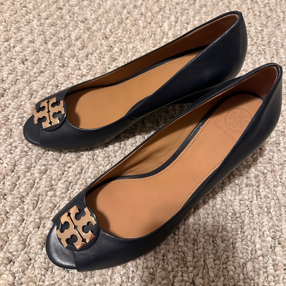 Tory Burch Navy wedge open toes- EUC